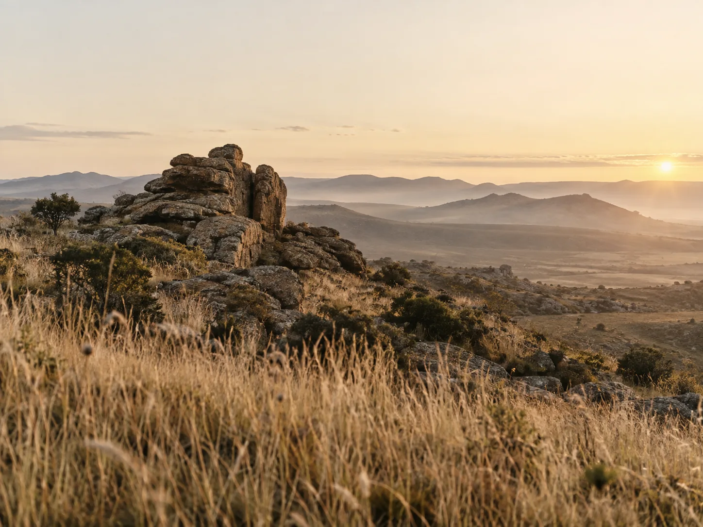 Tawny veld grasses and weathered rock beneath a quiet dawn sky